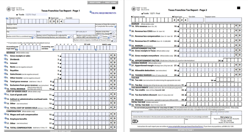 Texas franchise tax long form report