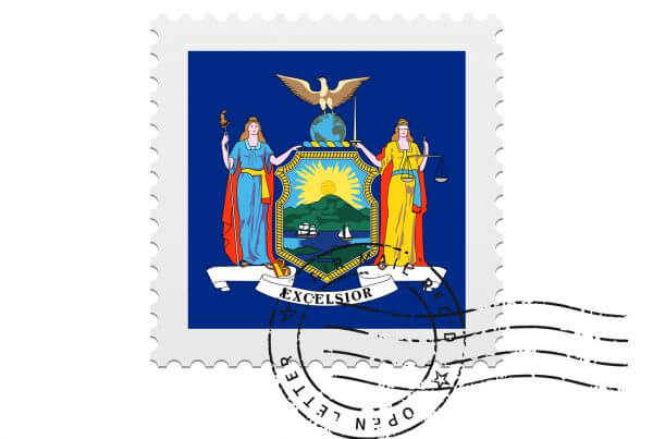 State of New York flag postage stamp on white background. Vector illustration.