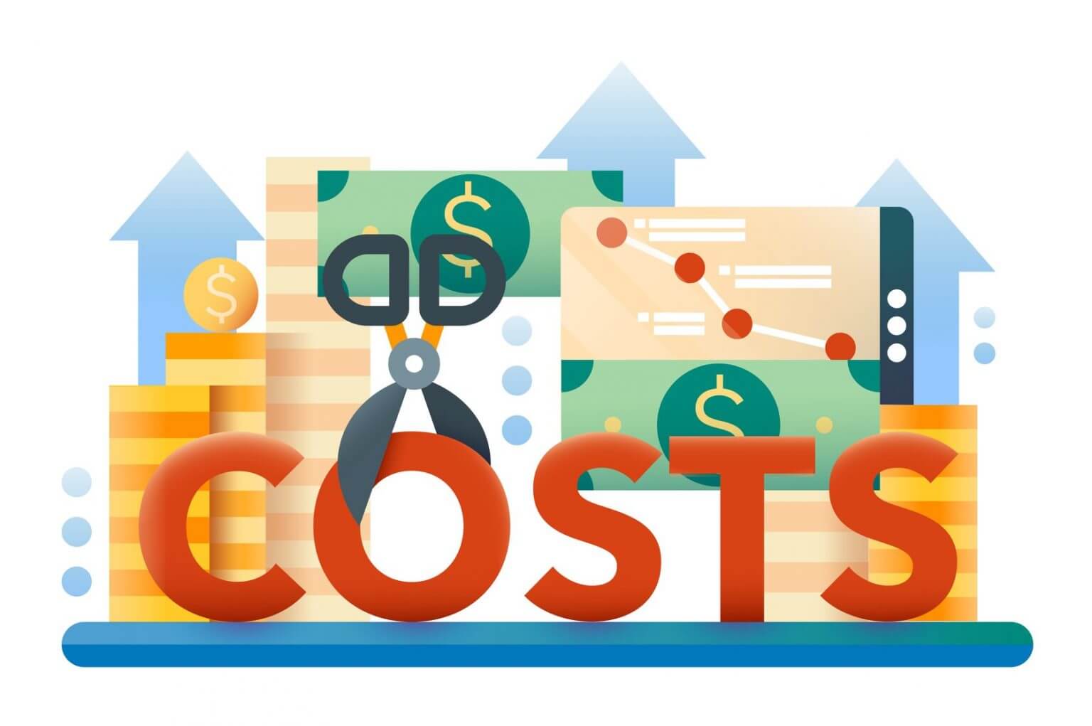  A pair of scissors cutting through the word 'COSTS' with stacks of coins in the background and a graph on a mobile device representing cost optimization through cloud service management.