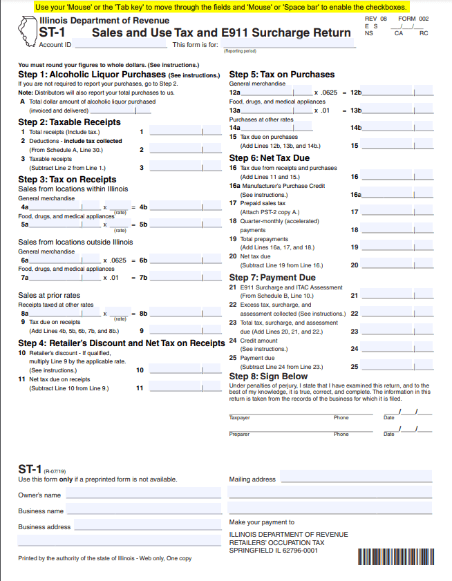 Screenshot of Illinois sales and use tax form