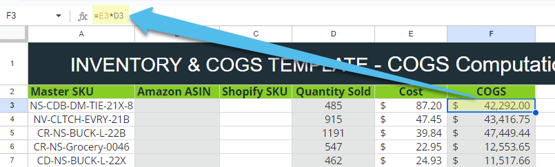 Calculating COGS with cost by SKU x quantity sold