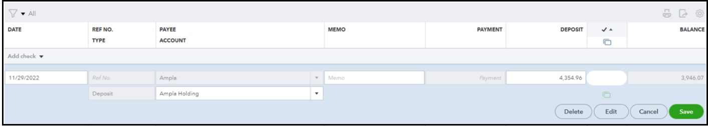 Opened bank transaction from the register in QuickBooks Online