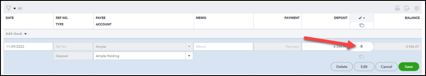 Reconciled bank transaction in QuickBooks Online