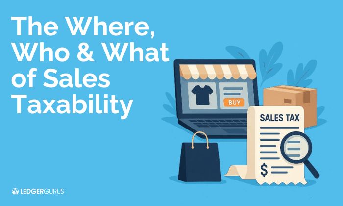 Illustration representing ecommerce and sales taxability, including online checkout and tax documents.