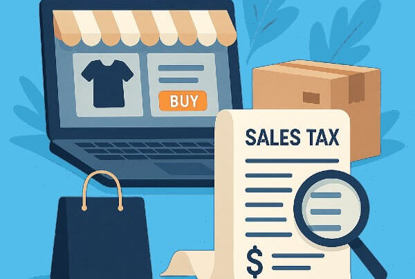 Illustration representing ecommerce and sales taxability, including online checkout and tax documents.