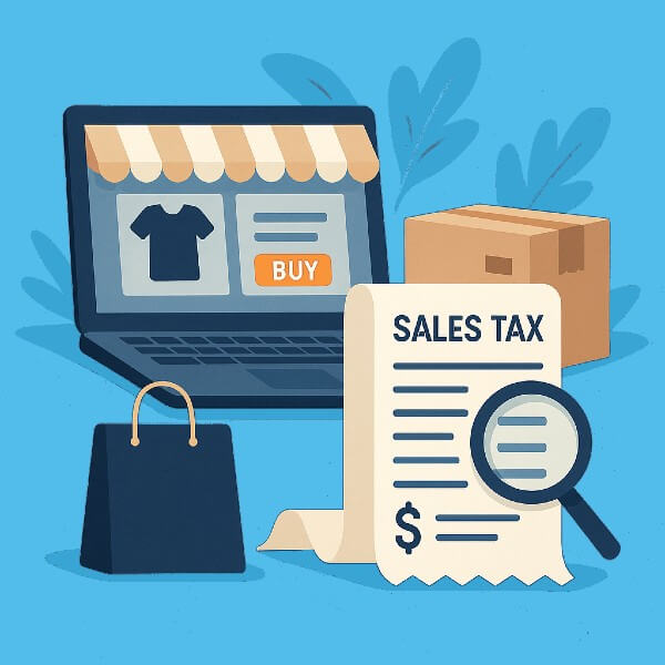 Illustration representing ecommerce and sales taxability, including online checkout and tax documents.